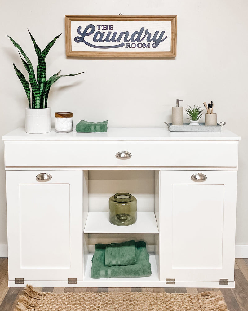 Templeton laundry with a storage drawer and open shelving in white
