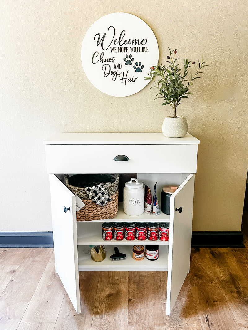 Counter tall pantry style pet food storage in white