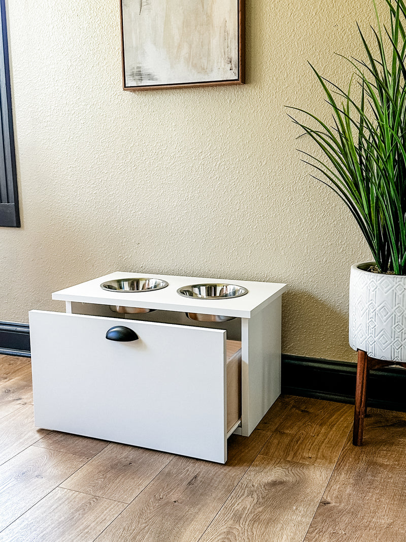 2 bowl elevated dog feeder with storage and new modern front