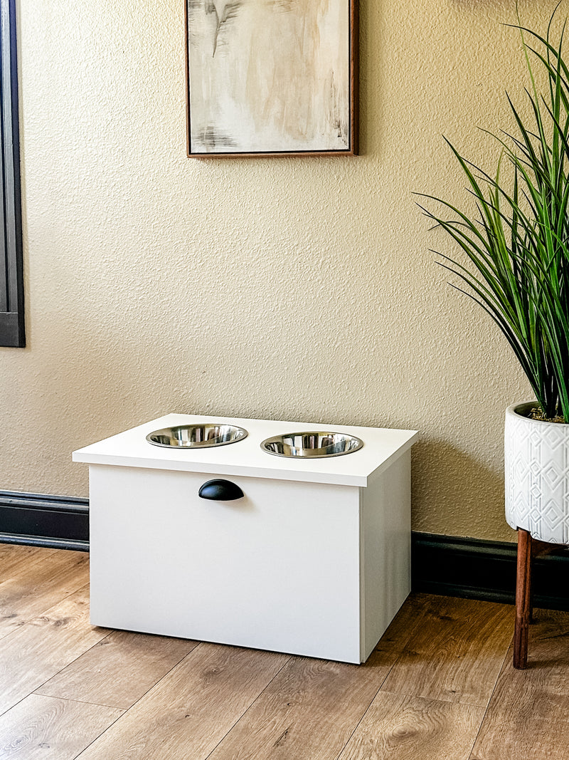 2 bowl elevated dog feeder with storage and new modern front