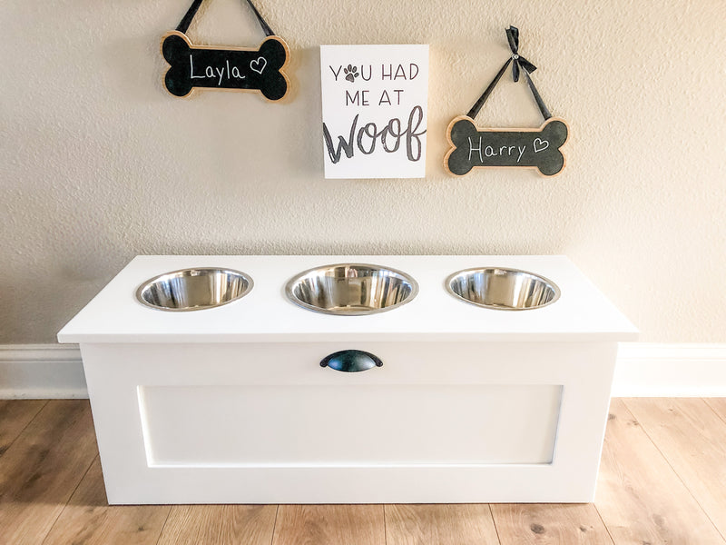 3 bowl elevated pet feeder with storage drawer