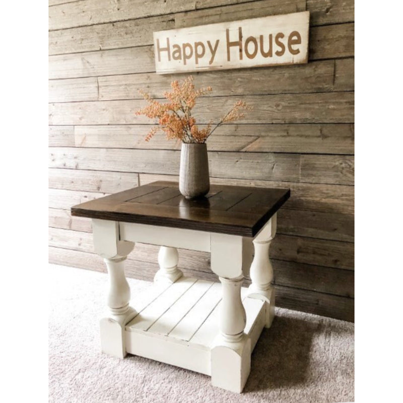 Rustic baluster farmhouse end table in dark brown