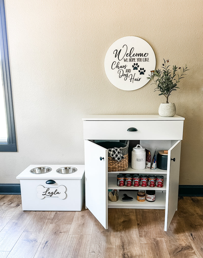 Counter tall pantry style pet food storage in white