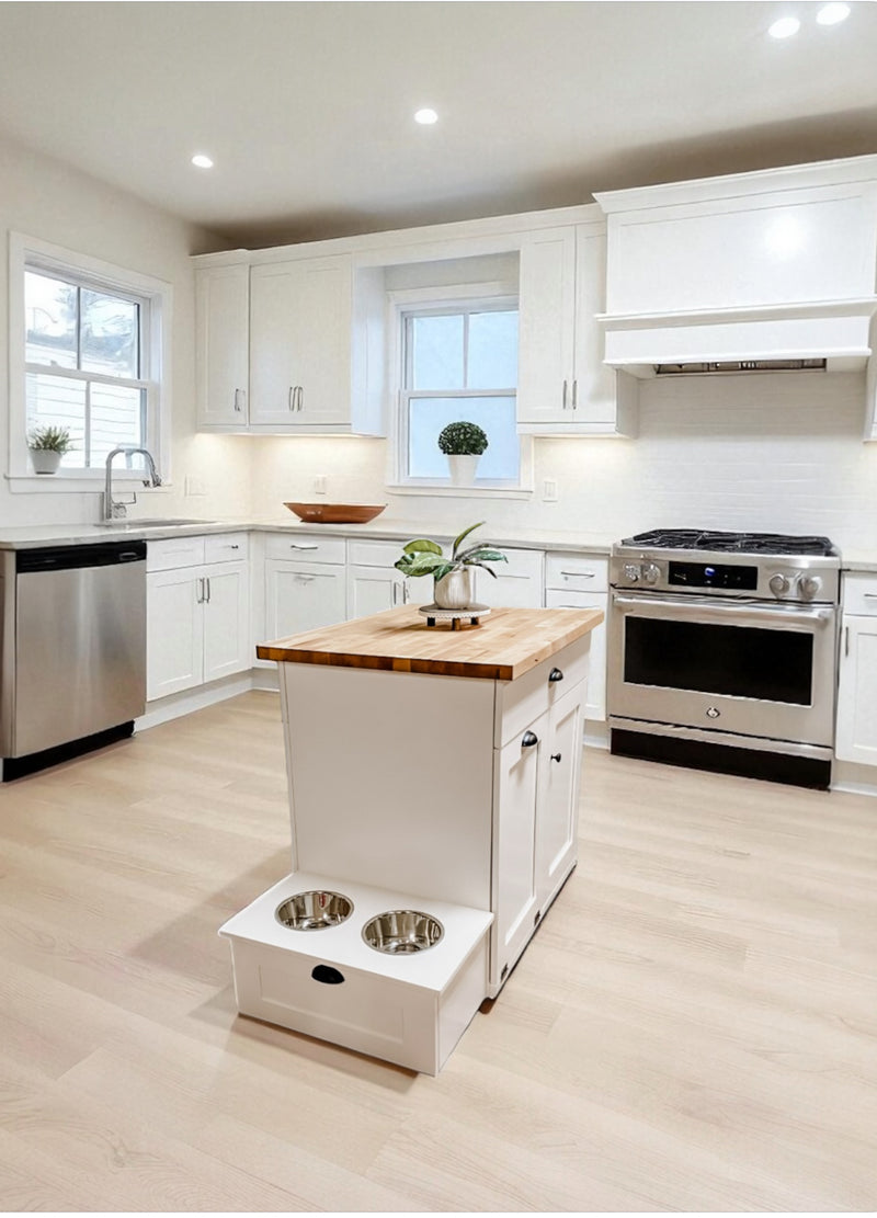 Island in white with a butcher block top