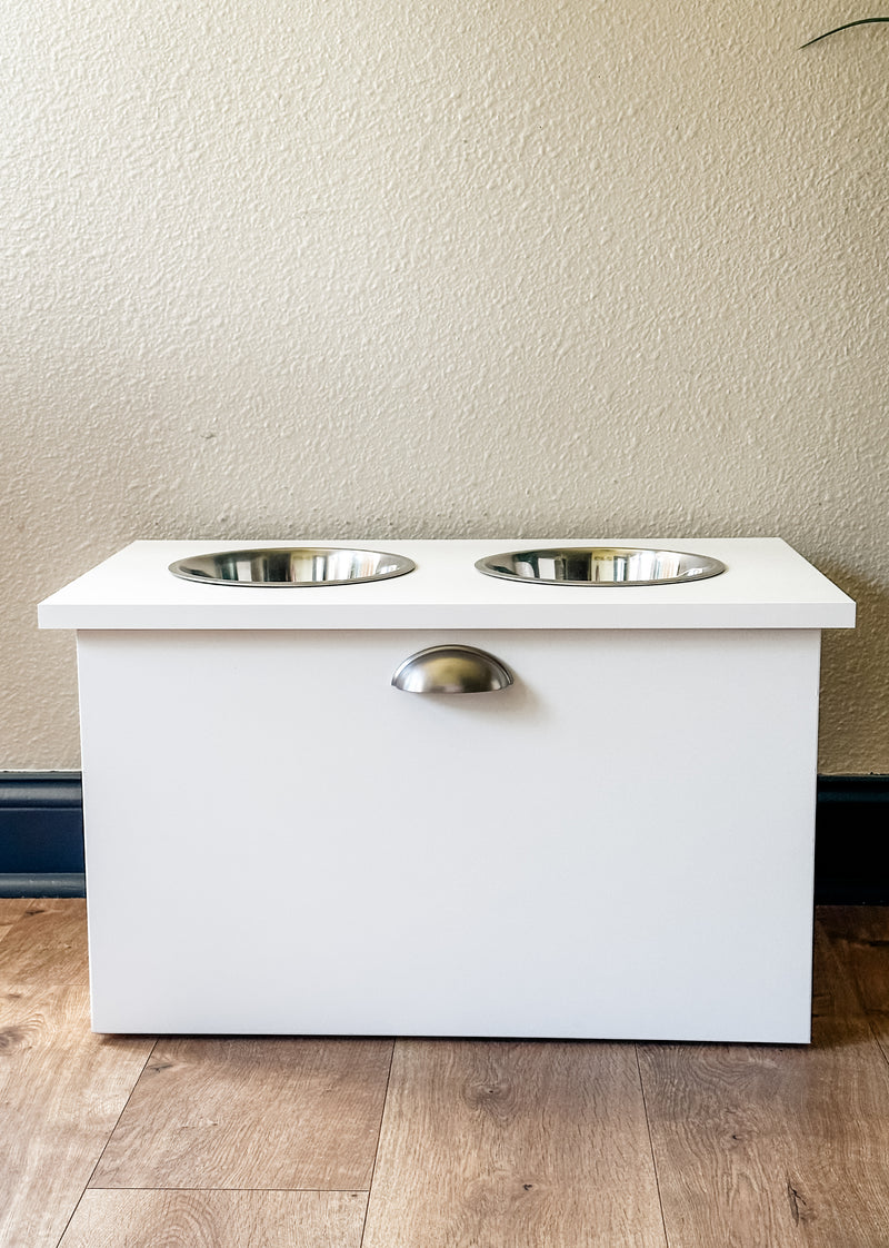 2 bowl elevated dog feeder with storage and new modern front