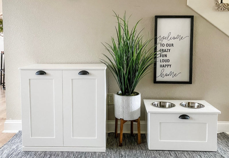Double style pet food storage in white farmhouse style