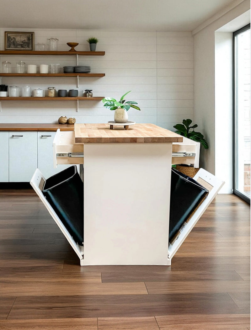 Island in white with a butcher block top