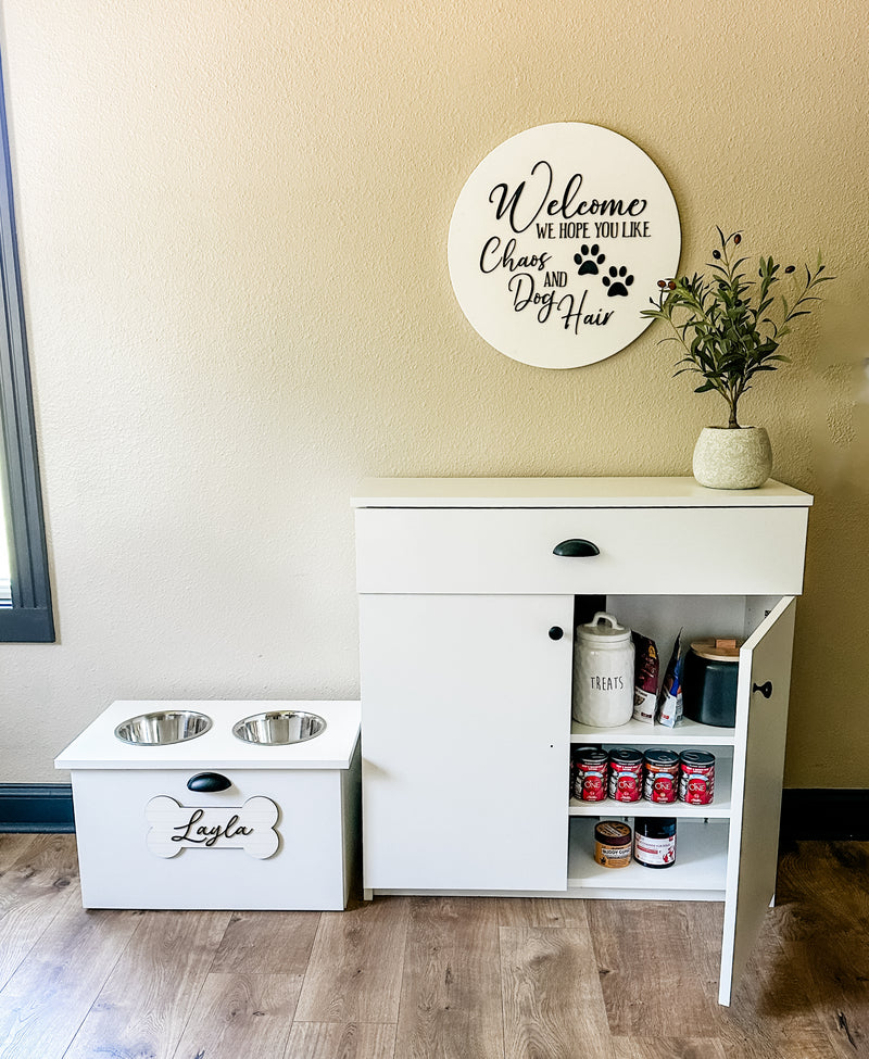 Counter tall pantry style pet food storage in white