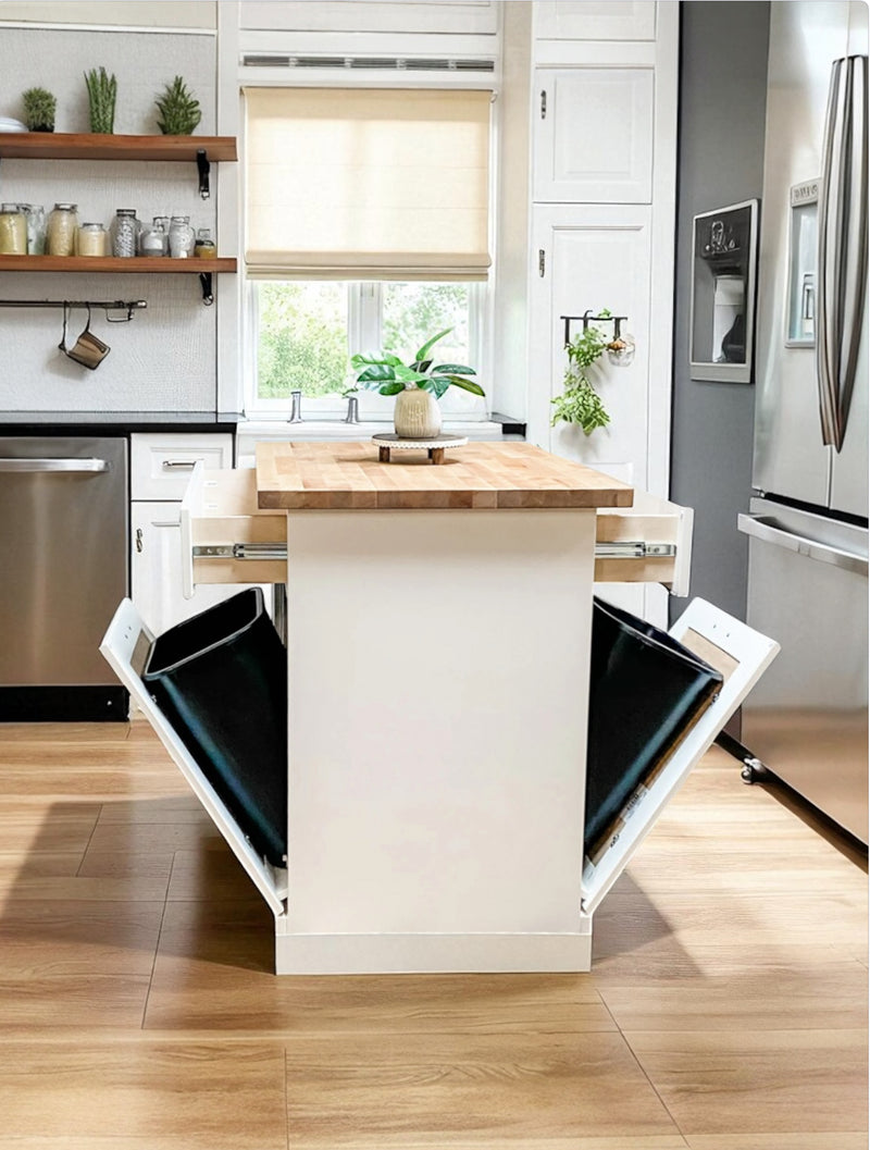 Island in white with a butcher block top