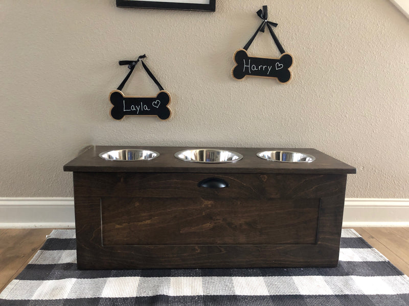3 bowl elevated dog feeder with storage drawer in dark brown stain