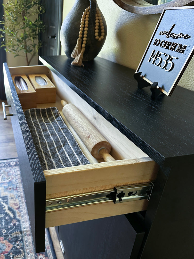 Dashwood with a storage drawer in black stained farmhouse door