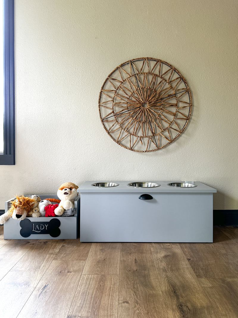 3 bowl elevated pet feeder with storage drawer with drawer in gray
