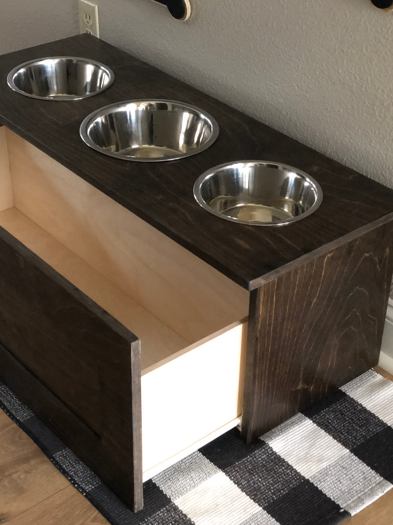 3 bowl elevated dog feeder with storage drawer in dark brown stain
