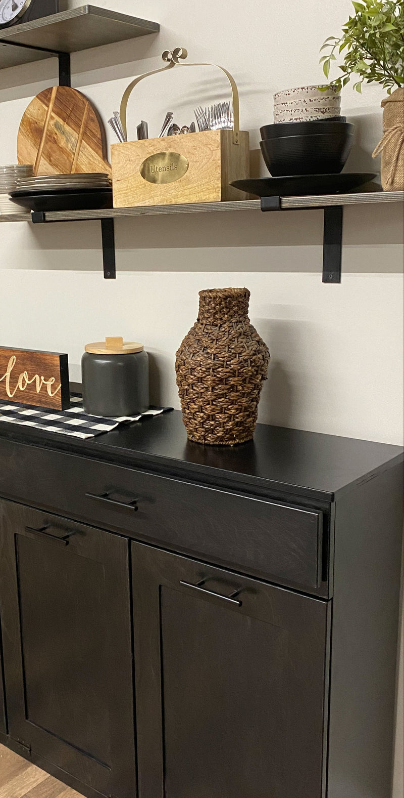Dashwood with a storage drawer in black stained farmhouse door