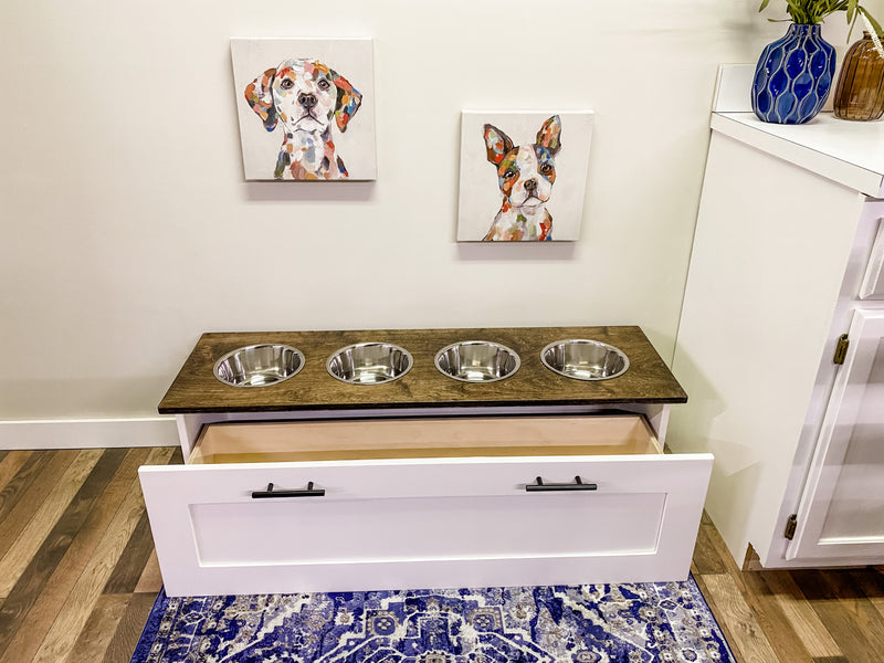 Four bowl large size white elevated dog feeder with drawer