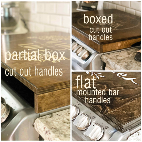 Personalized family name stove cover, warm brown + dark script "Hastings"
