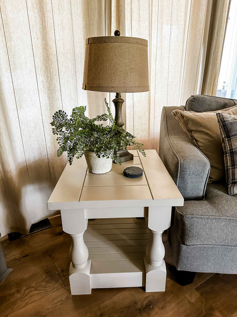 Rustic baluster farmhouse end table in khaki