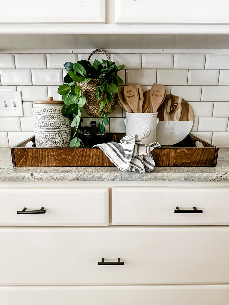 Counter organizer tray in warm brown stain