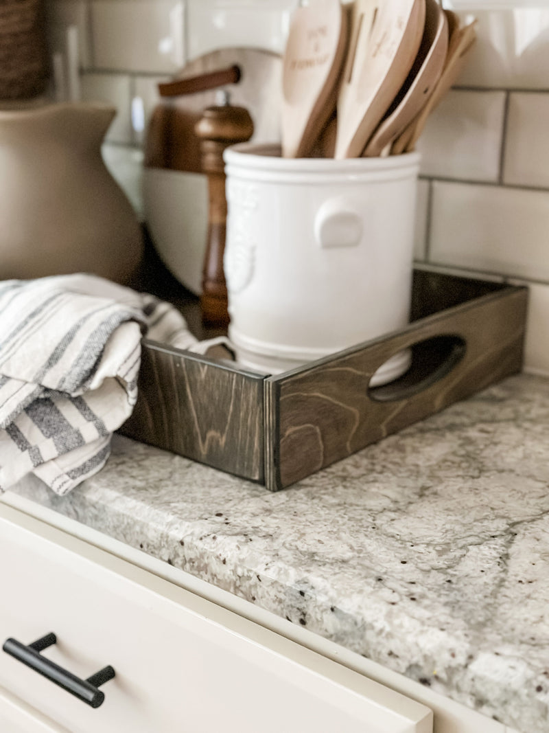 Counter organizer tray in gray brown stain