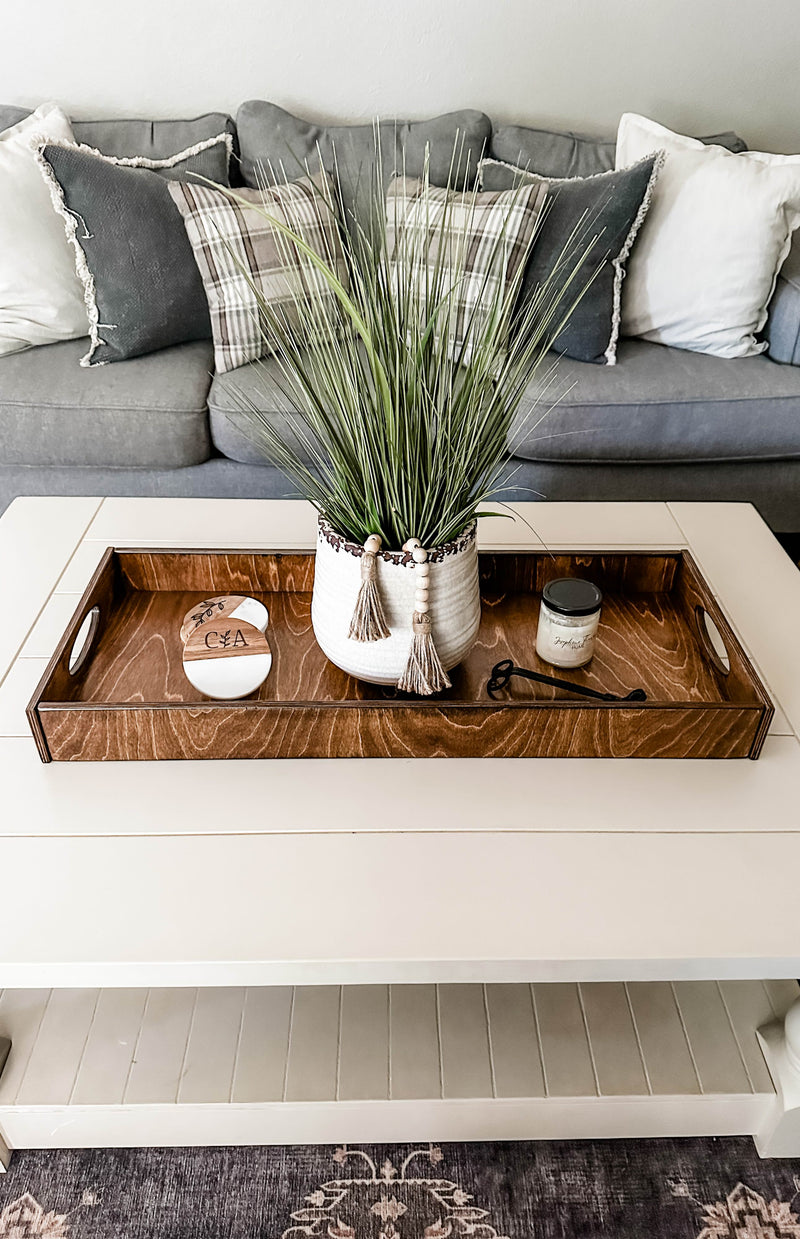 Counter organizer tray in warm brown stain