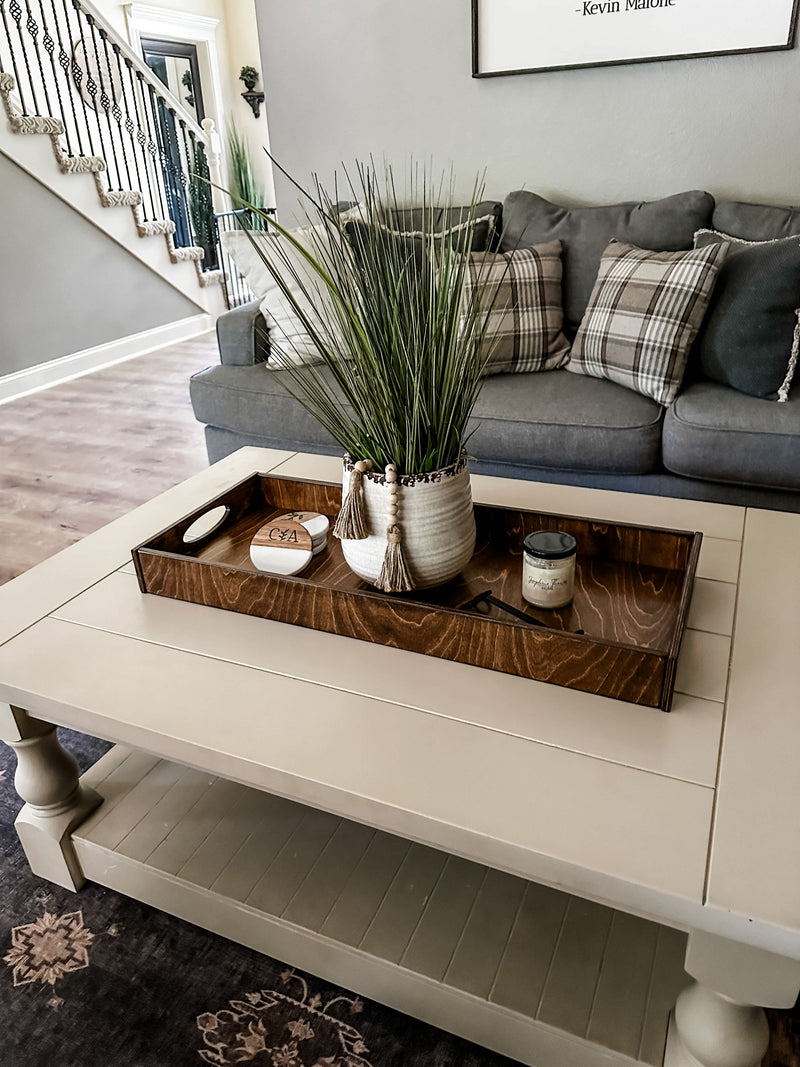 Counter organizer tray in warm brown stain