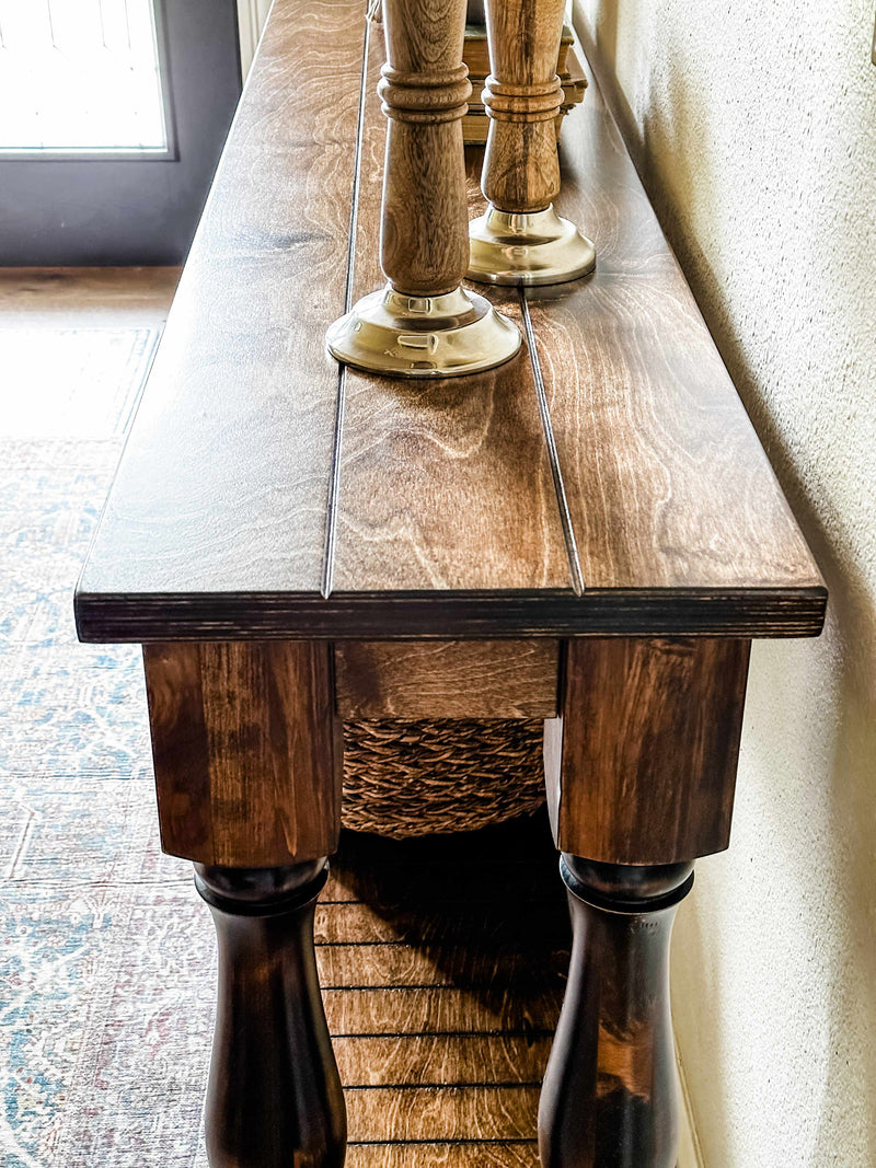 Entry table with baluster legs fully stained