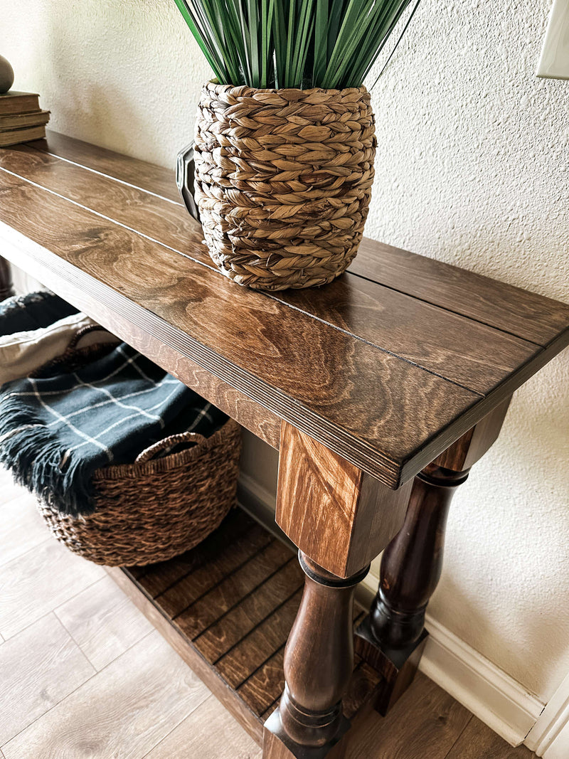 Entry table with baluster legs fully stained