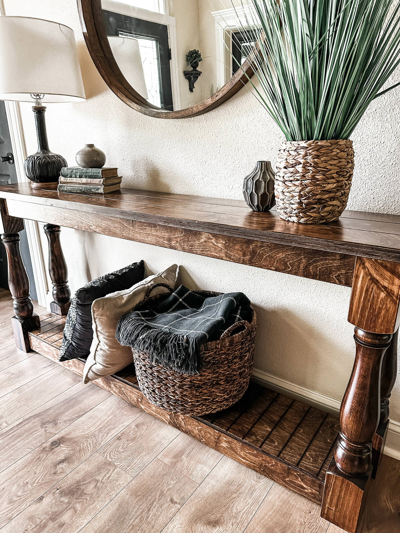 Entry table with baluster legs fully stained
