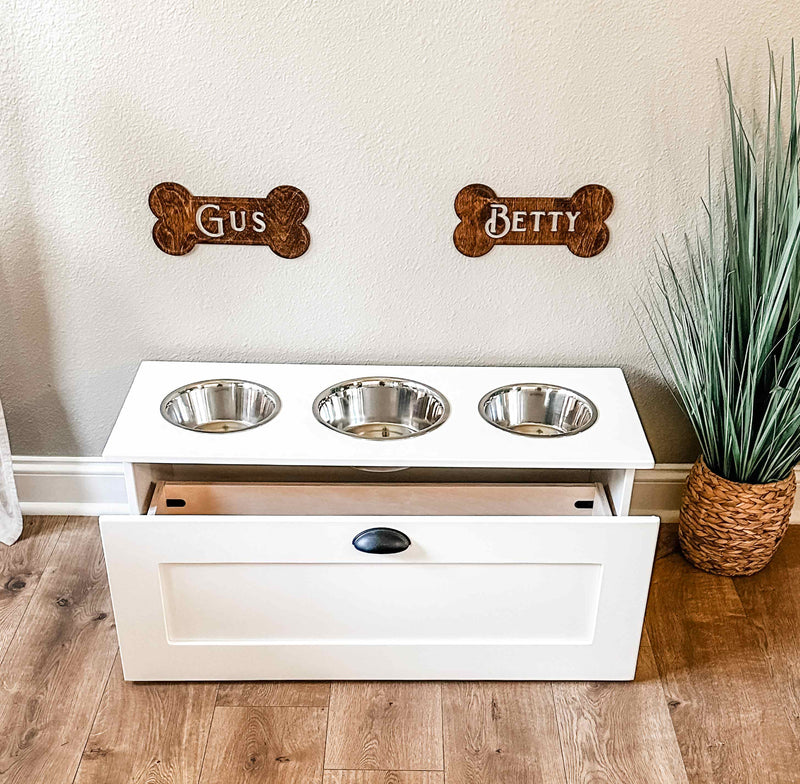 3 bowl elevated pet feeder with storage drawer