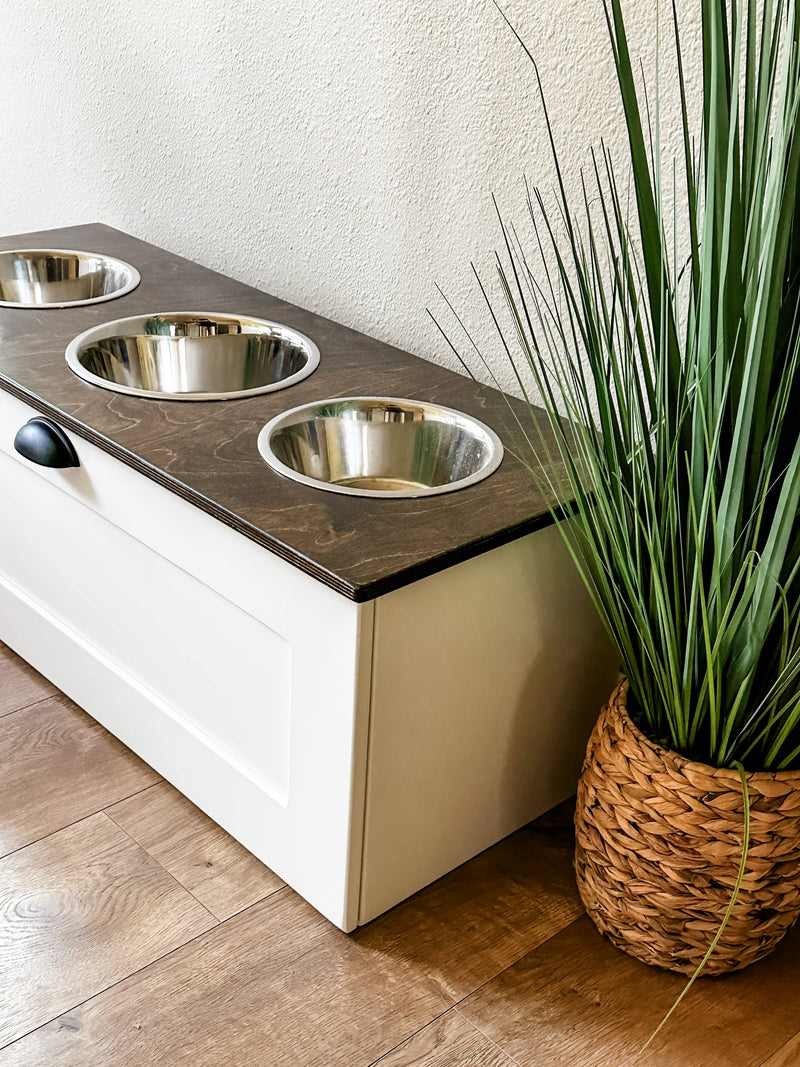 3 bowl elevated pet feeder with storage drawer farmhouse style