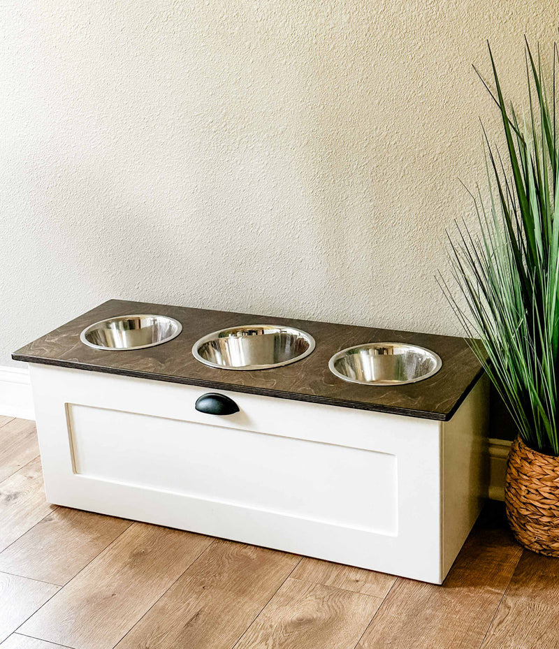 3 bowl elevated pet feeder with storage drawer farmhouse style