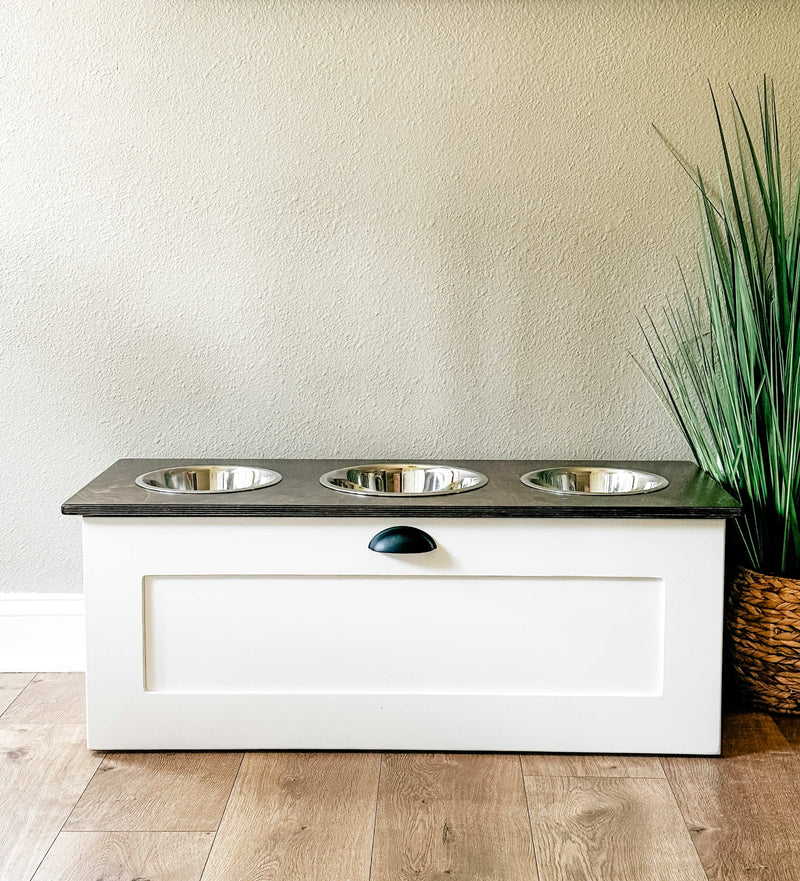 3 bowl elevated pet feeder with storage drawer farmhouse style
