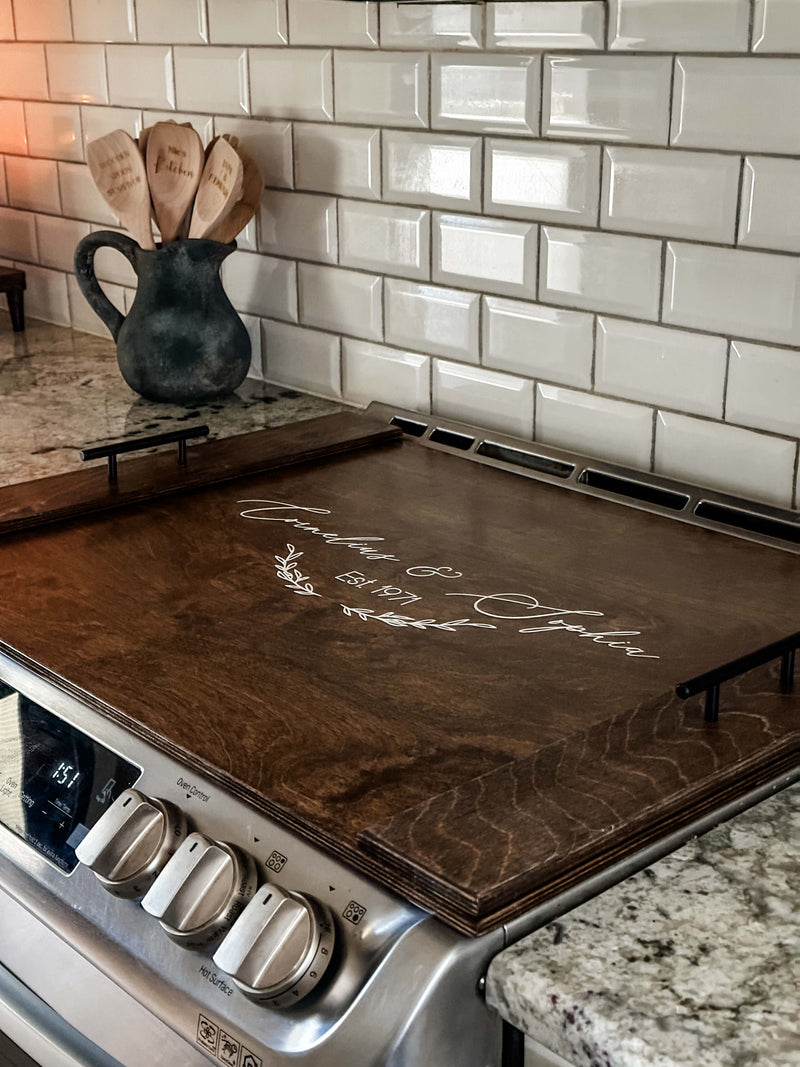Personalized wedding/anniversary stove cover, warm brown + soft white "Sophia"