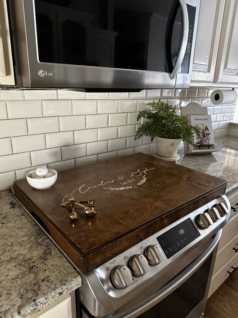 Personalized wedding/anniversary stove cover, warm brown + soft white "Sophia"