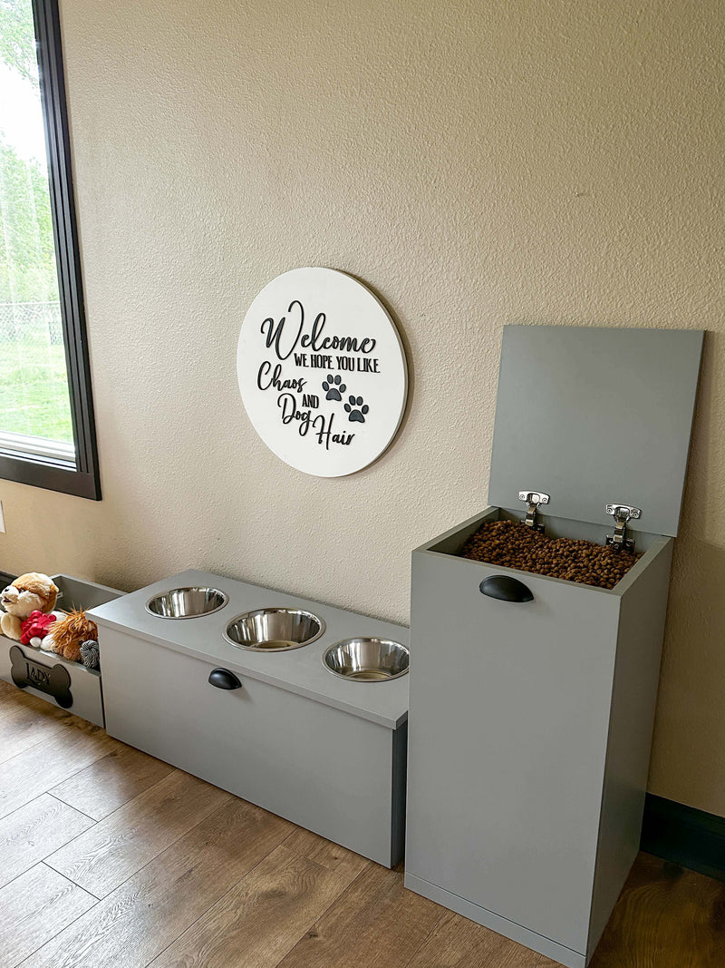 3 bowl elevated pet feeder with storage drawer with drawer in gray
