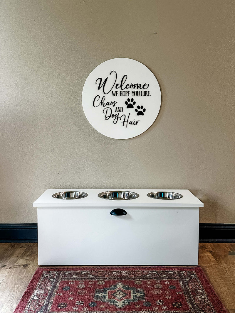 3 bowl elevated pet feeder with storage drawer