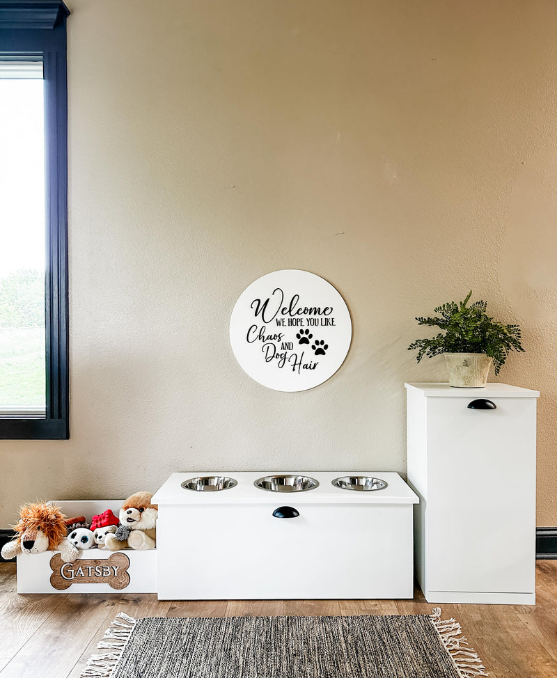 3 bowl elevated pet feeder with storage drawer