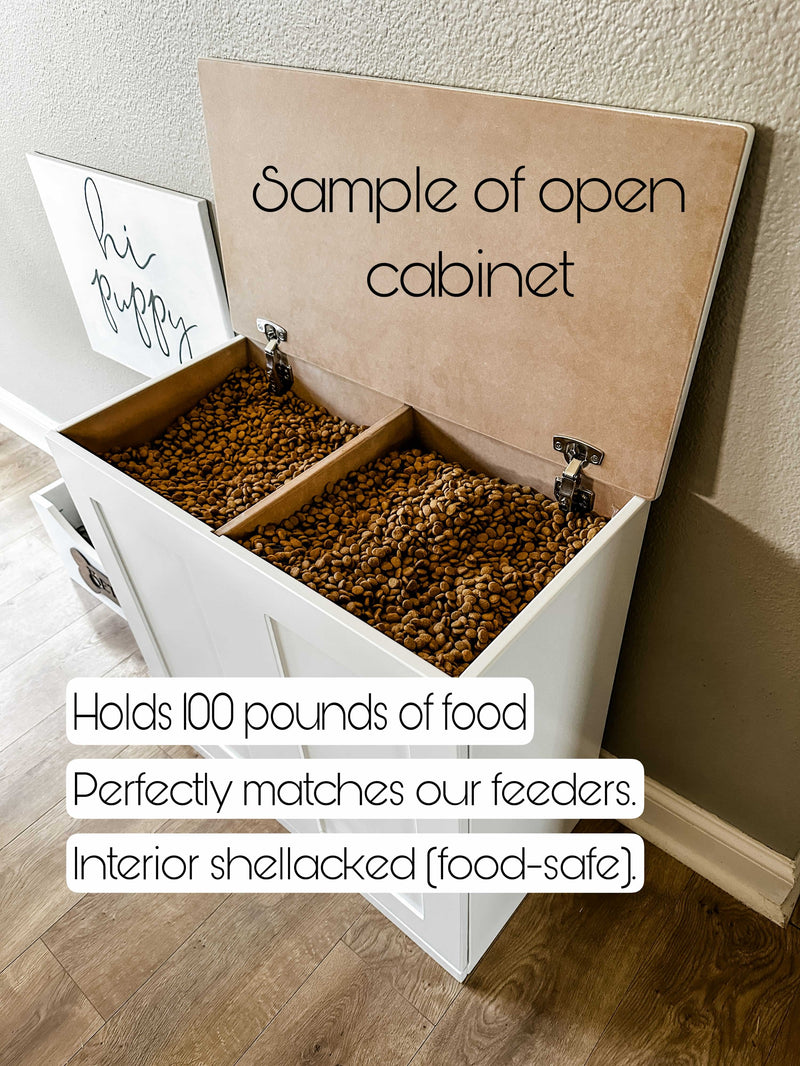 Double style pet food storage in white farmhouse style