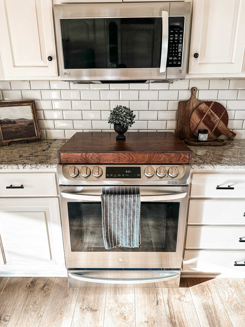 Clean and simple red oak stain color stove cover
