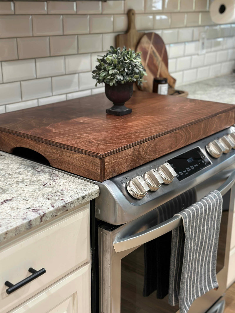Clean and simple red oak stain color stove cover