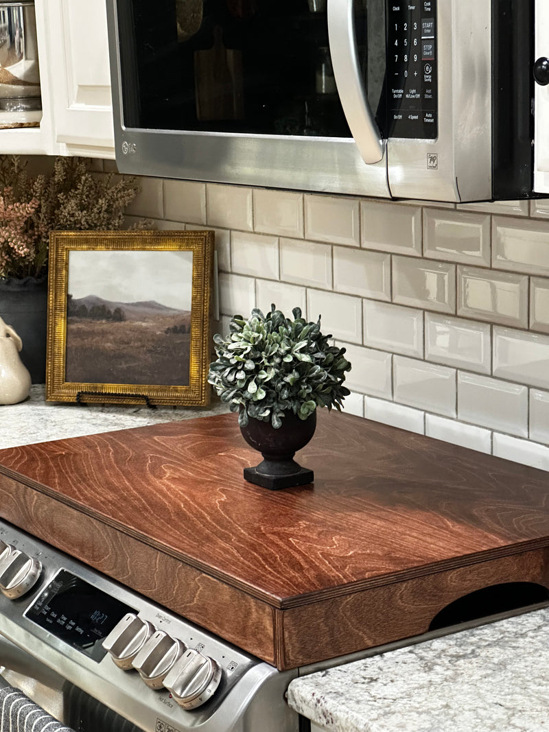 Clean and simple red oak stain color stove cover