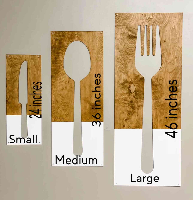 Fork, spoon, and knife set handmade of wood wall decor in dark charcoal with heather gray layered