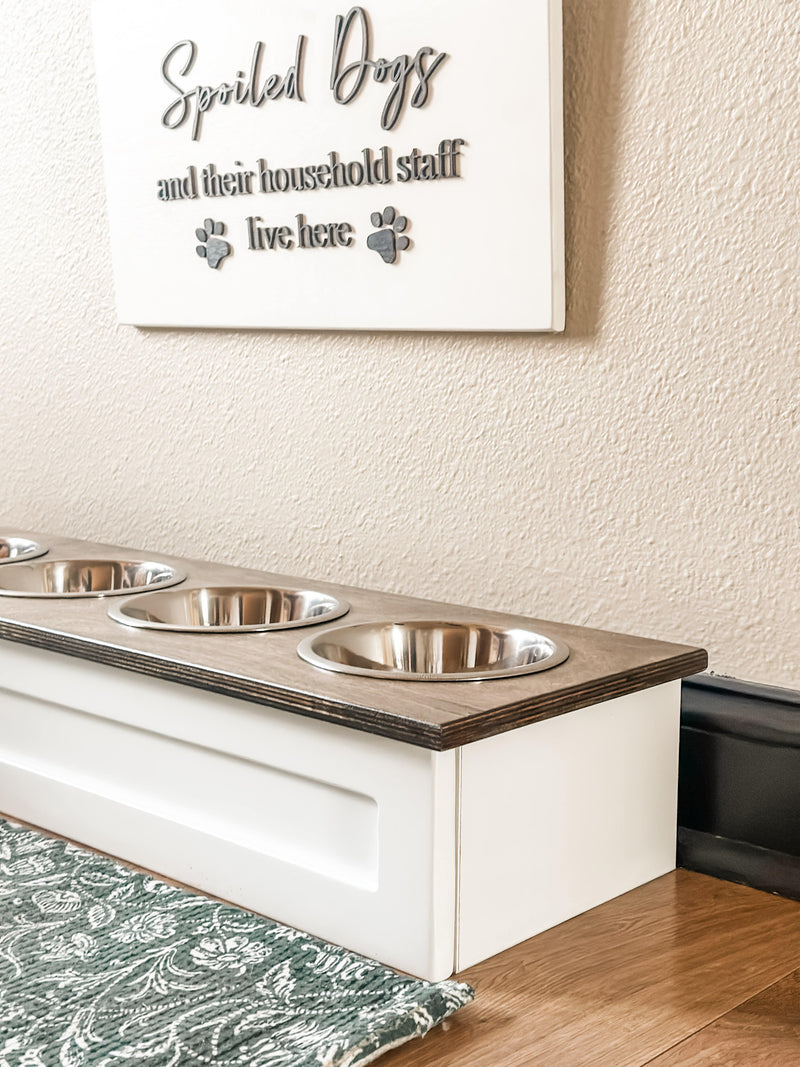 Four bowl small size elevated pet feeder in white (W-stained top | 4 bowl)