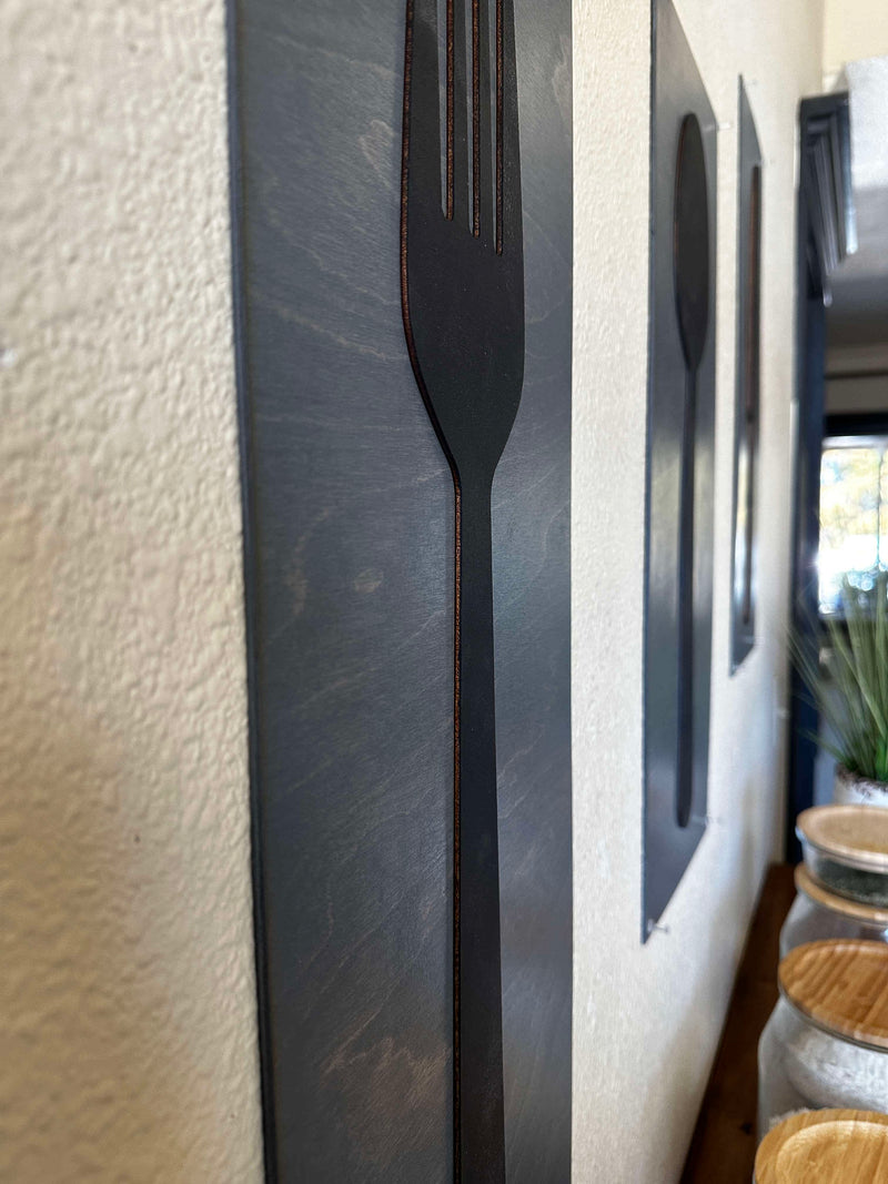 Fork, spoon, and knife set handmade of wood wall decor in dark charcoal with heather gray layered