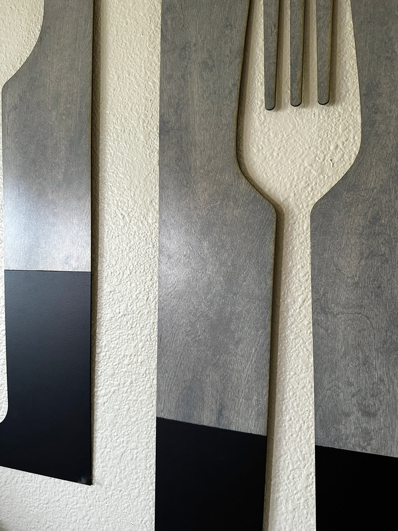 Fork, spoon, and knife set handmade of wood wall decor in dark charcoal with heather gray