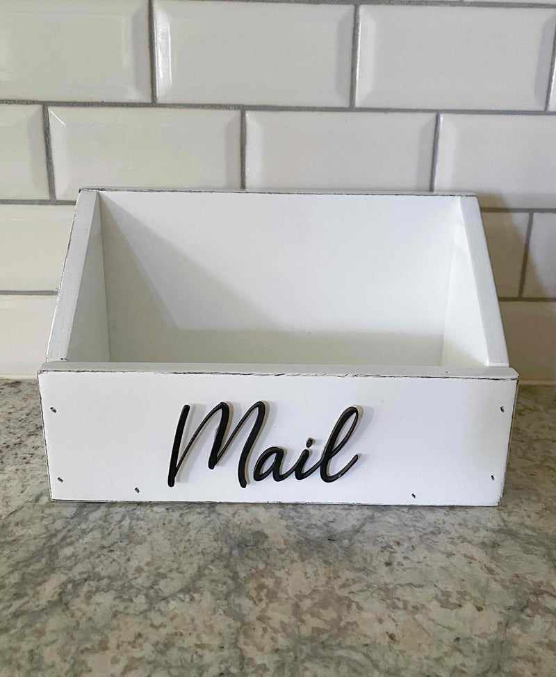 handmade wooden mail caddy in white distressed