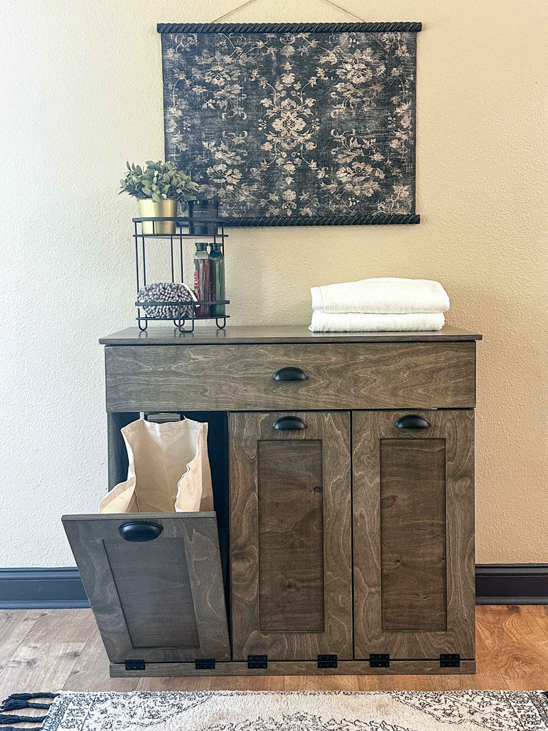 Prescott laundry with a storage drawer in Aged Barrel slim style