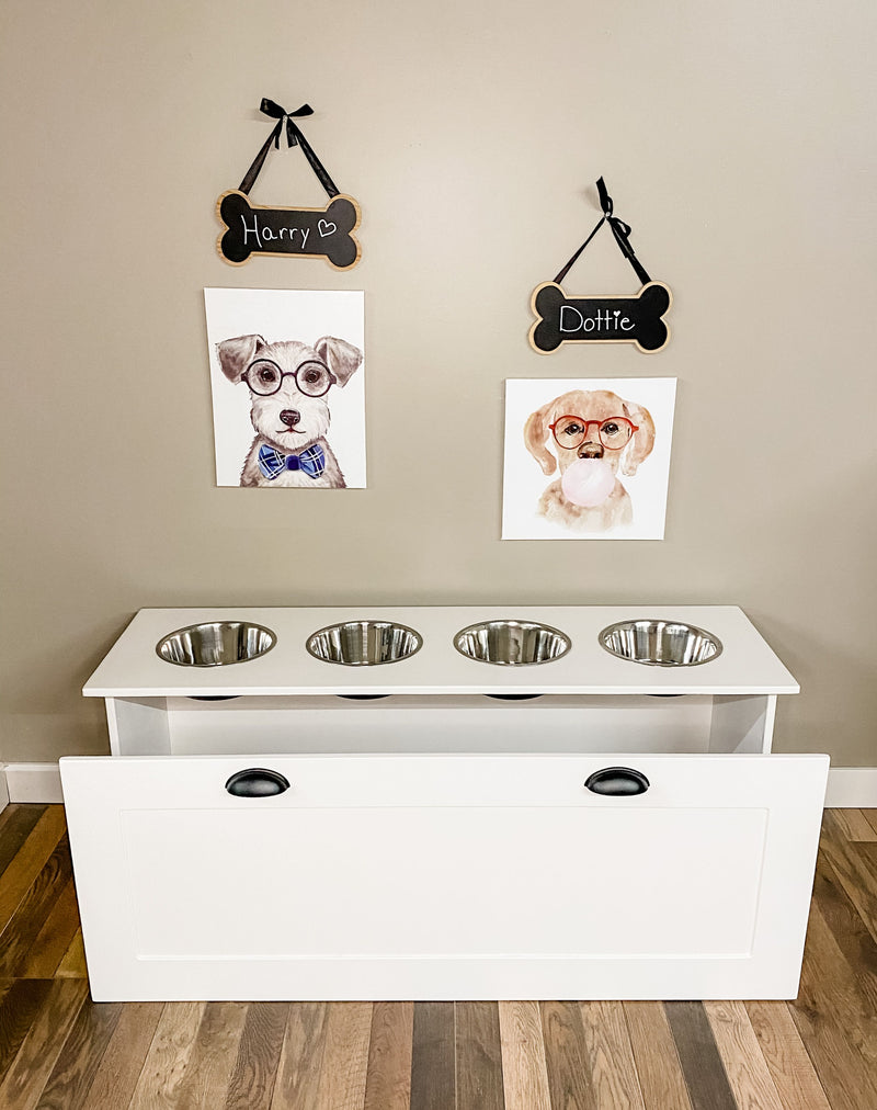 Four bowl large size white elevated dog feeder -