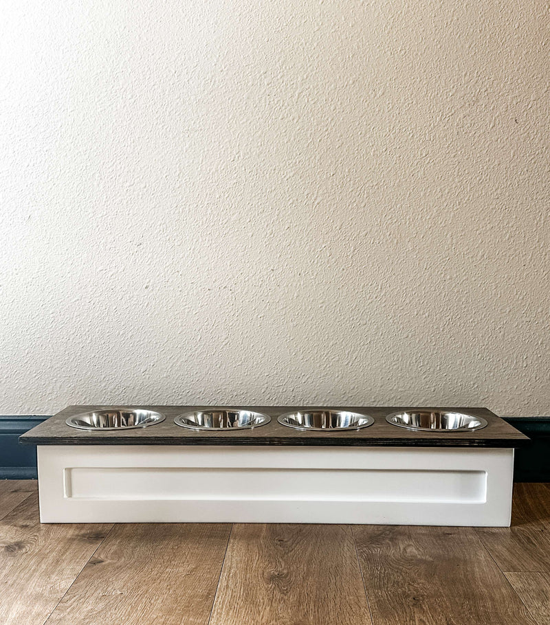 Four bowl small size elevated pet feeder in white (W-stained top | 4 bowl)