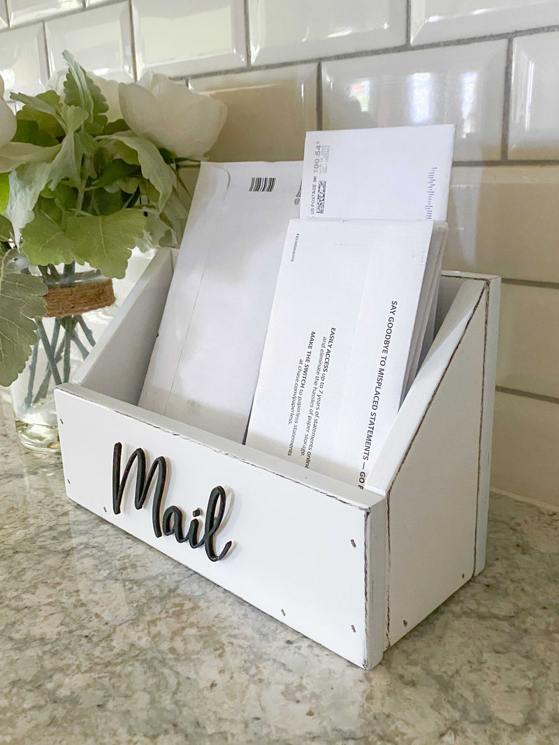 handmade wooden mail caddy in white distressed